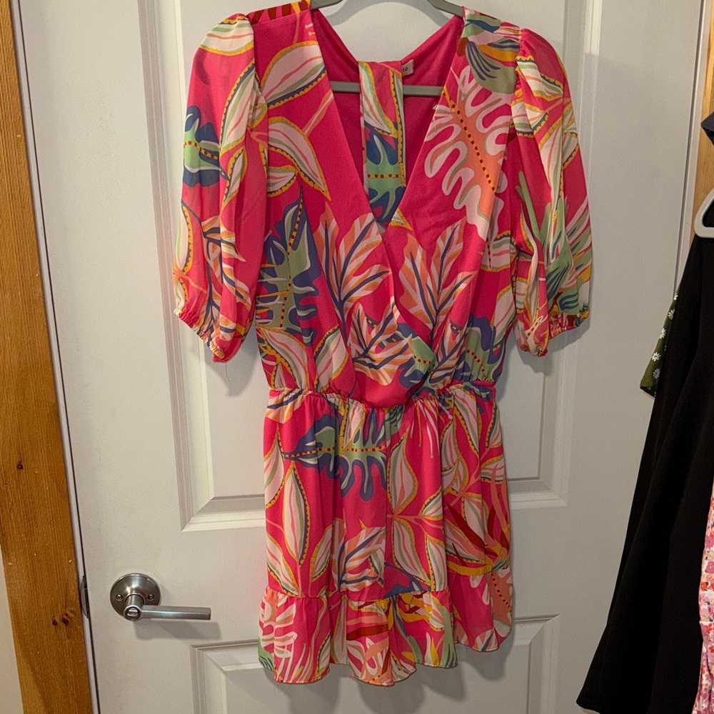 Vibrant Pink Floral Women's Romper with scarf or belt